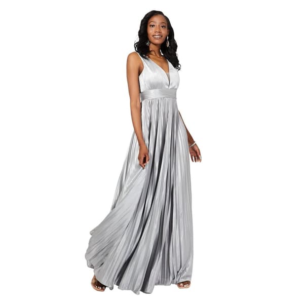 Krisp Kvinnor/Damer Plisserad Satin V Neck Maxiklänning Silver L