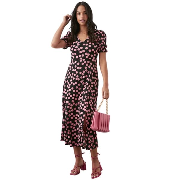 Dorothy Perkins Dame/kvinder med plettet V-hals med korte ærmer i midikjole
