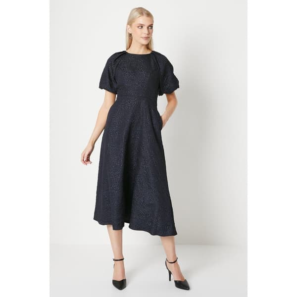 Principles Womens/Ladies Jacquard Puff Sleeve Midi Dress Navy 14 UK