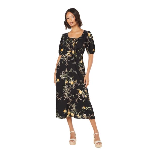 Dorothy Perkins Dam/Lady blommig midiklänning med dubbla knytband fram Black 18 UK