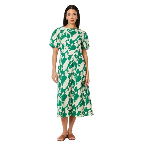 Principles Dam/Ladies - Abstrakt midiklänning med puffärm i linneblandning Green 12 UK