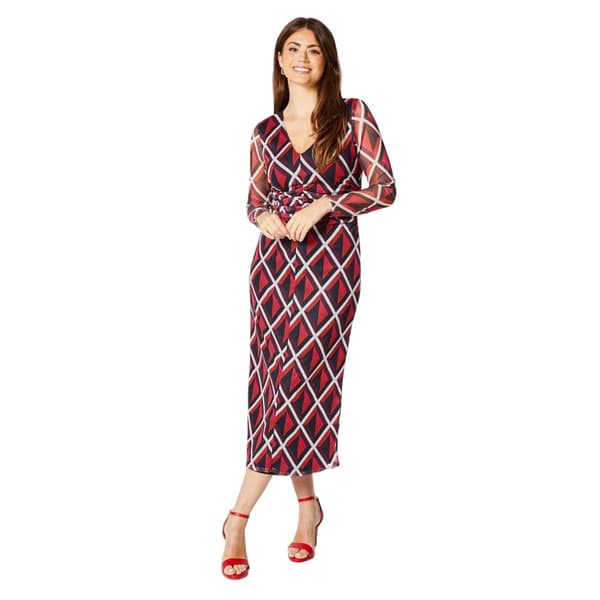 Principles Womens/Ladies Geometric Mesh Ruched Front Midi Dress Red 10 UK