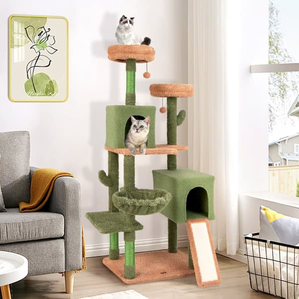 Kattträd, 160cm Kaktus Kattträd Multinivå Katttorn med Sisal Repklotsar, 160 cm, Grön