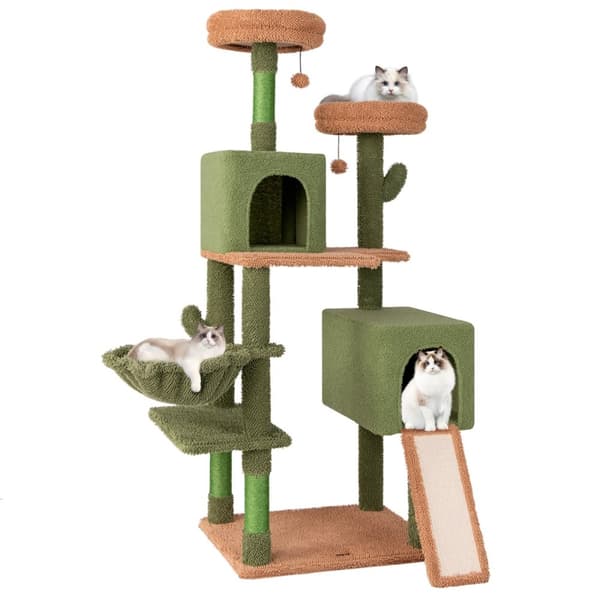 Kattträd, 160cm Kaktus Kattträd Multinivå Katttorn med Sisal Repklotsar, 160 cm, Grön