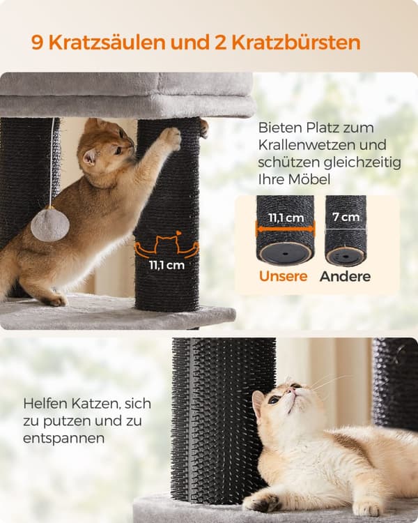 Feandrea Cat Tree til store katte, Heavy Duty Cat Tower, 9 kradsestolper, grå og sort