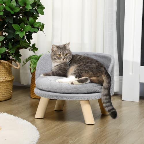 PawHut Hundbädd Kattbädd Hundsoffa med halkfria träfötter och kudde, grå 40,5x40,5x33cm för inomhusbruk