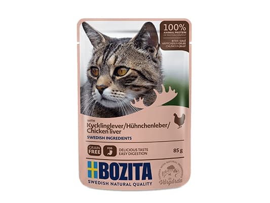 Bozita Kjøttbiter i gelé med kyllinglever - pose til katter - 85g