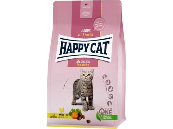 Happy Cat Junior Farm Fjærkre, tørrfôr, for kattunger i alderen 4-12 måneder, fjærkre, 4 kg, pose