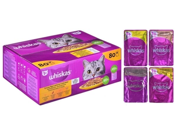 WHISKAS påsar med fjäderfä för katter 80x85g