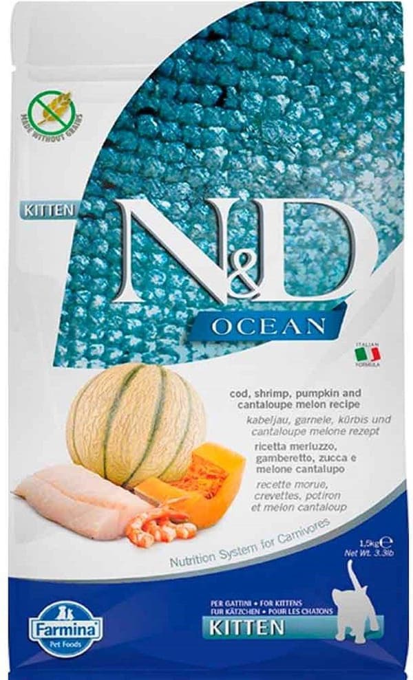 FARMINA N&D Ocean Cat Torsk, räkor, pumpa och Cantaloupe Melon kattunge - torr kattmat - 1,5 kg