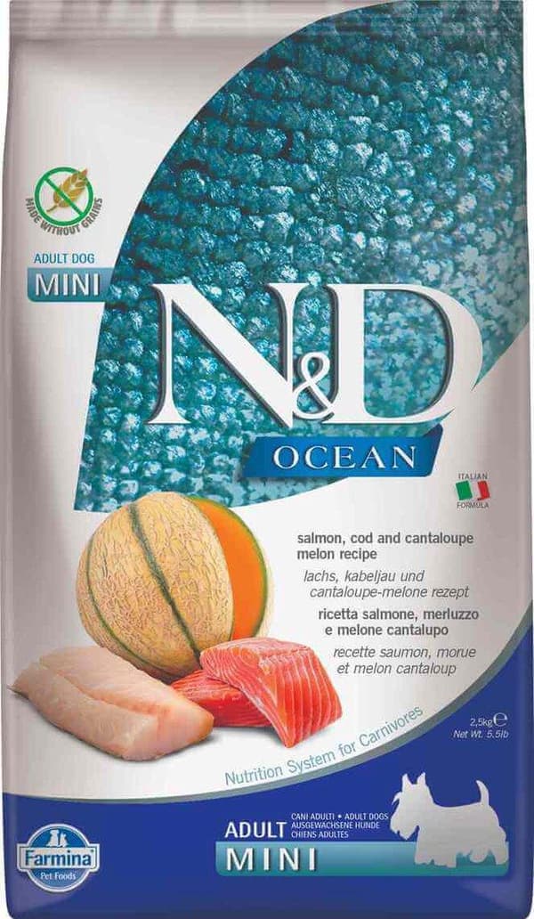 FARMINA N&D Ocean Dog Lax, Torsk, Cantaloupe, Melon Adult Mini - torrfoder för hundar - 2,5 kg