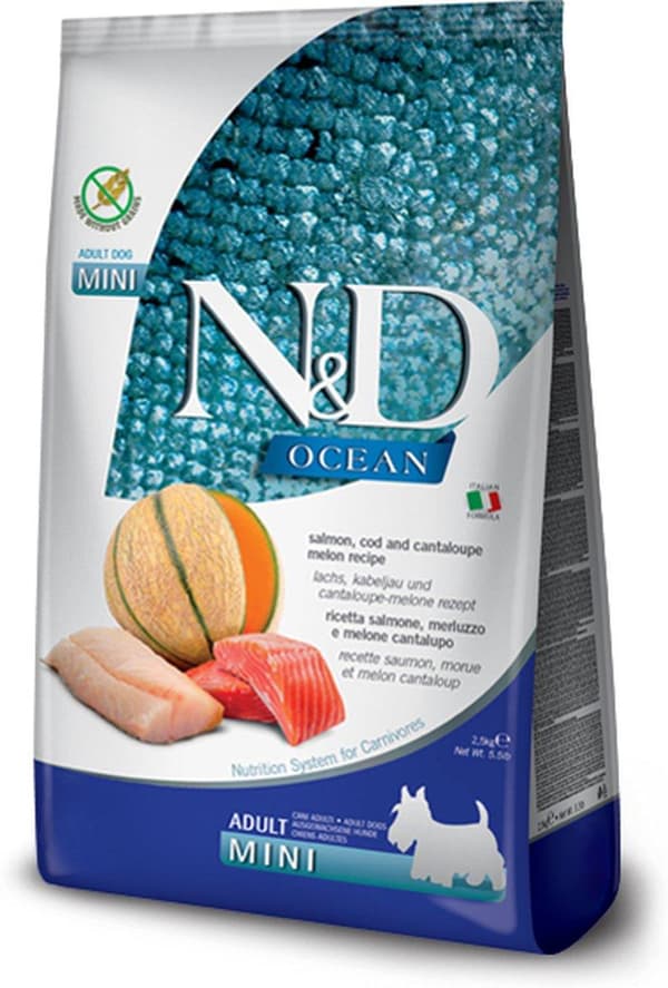 FARMINA N&D Ocean Dog Lax, Torsk, Cantaloupe, Melon Adult Mini - torrfoder för hundar - 2,5 kg