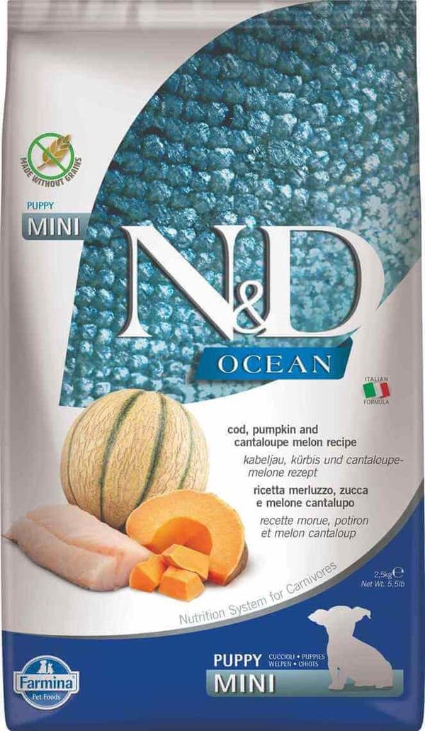 FARMINA N&D Ocean Dog Torsk, Græskar, Cantaloupe Melon Puppy Mini - tørt hundefoder - 2,5 kg