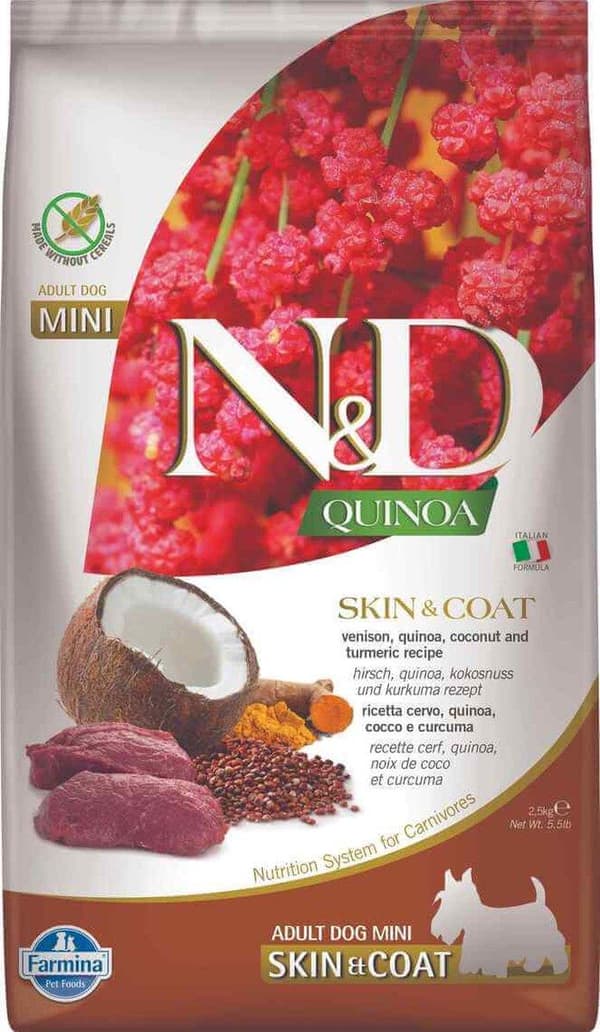 FARMINA N&D Quinoa Dog Hud & Coat Hjortkött, Coconut Adult Mini - torrt hundfoder - 2,5 kg