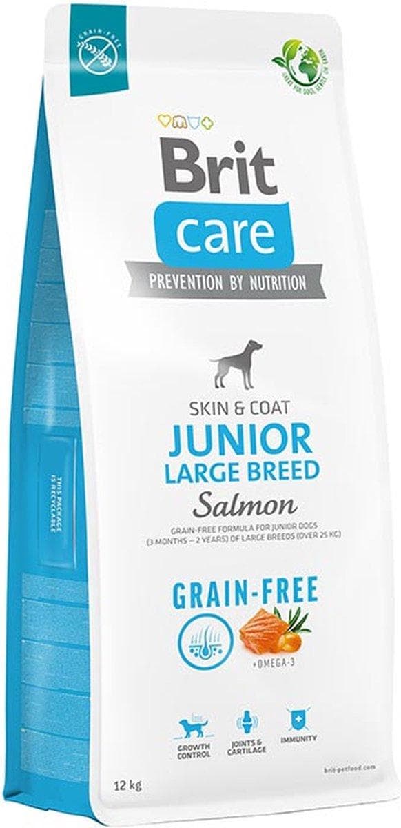 Tørfoder til unghund (3 måneder - 2 år), store racer over 25 kg - Brit Care Dog Kornfri Junior Stor laks 12 kg