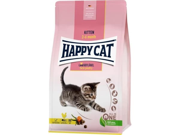 Happy Cat Kitten Farm Fjærkre, tørrfôr, for kattunger i alderen 2-6 måneder, fjærfe, 1,3 kg, pose