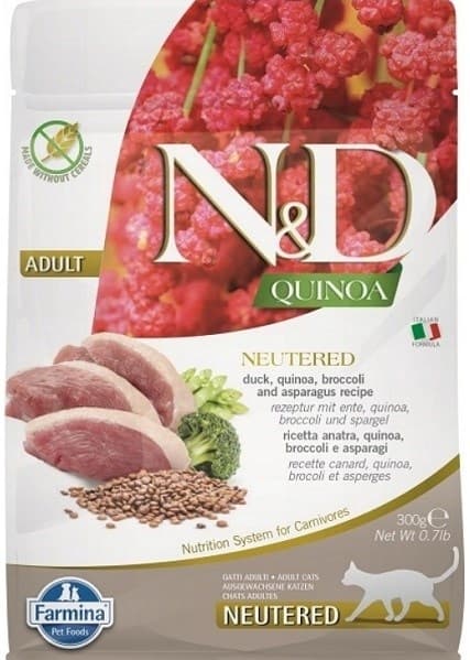 FARMINA N&amp;D Quinoa Cat Anka, Broccoli, Sparris Kastrerad Vuxen - torr kattmat - 300 g