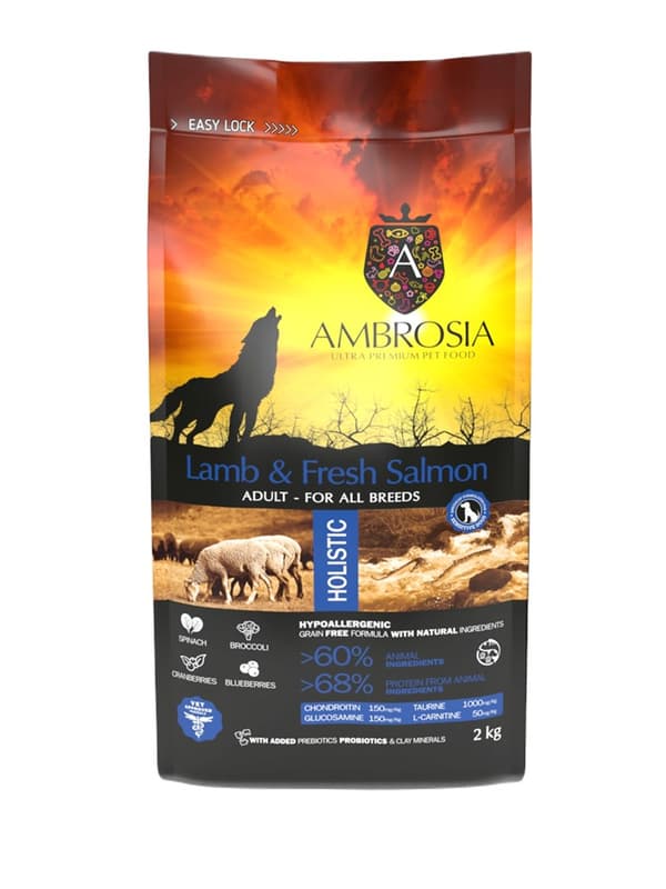 AMBROSIA Lammas ja tuore lohi - kuiva koiranruoka - 2 kg