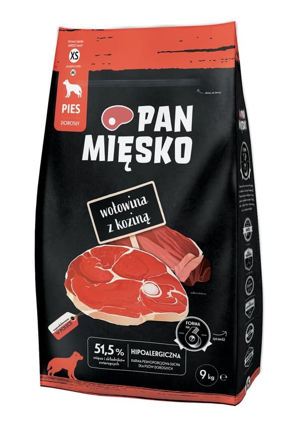 PAN MIĘSKO Oksekød med ged XS - tørfoder til hunde - 9 kg