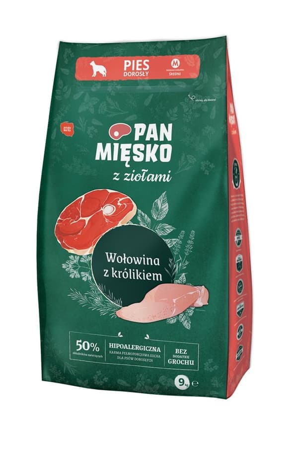 PAN MIĘSKO med urter Oksekød med kanin M - tørfoder til hunde - 9 kg
