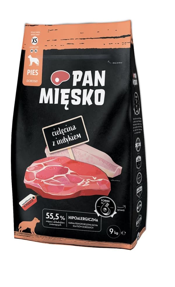PAN MĘSKO Kalvkött med kalkon XS - torrfoder för hundar - 9 kg