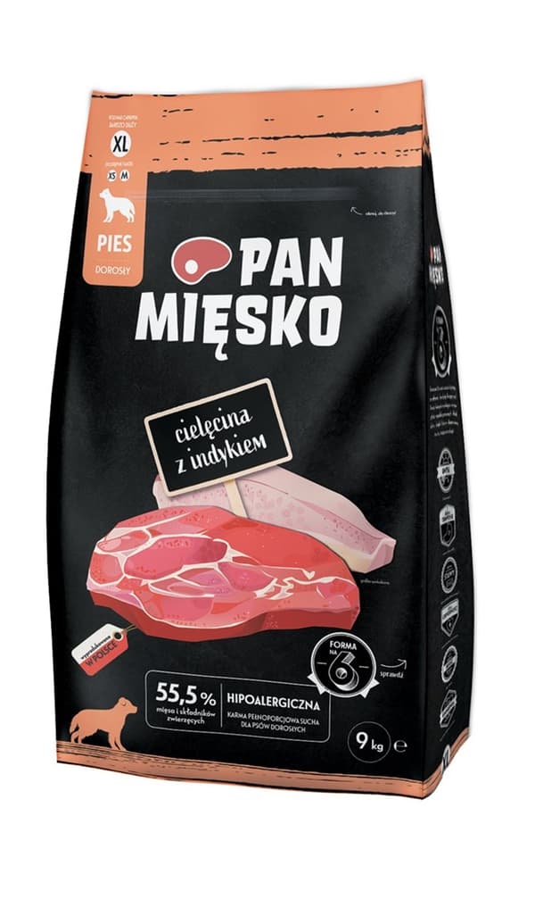 PAN MĘSKO Kalvkött med kalkon XL - torrfoder för hundar - 9 kg