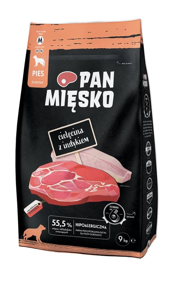 PAN MĘSKO Kalvkött med kalkon M - torrfoder för hundar - 9 kg