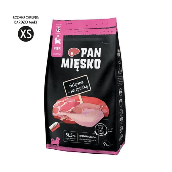 PAN MIĘSKO Vasikanliha ja viiriäinen XS - kuivaruoka pennuille - 9 kg