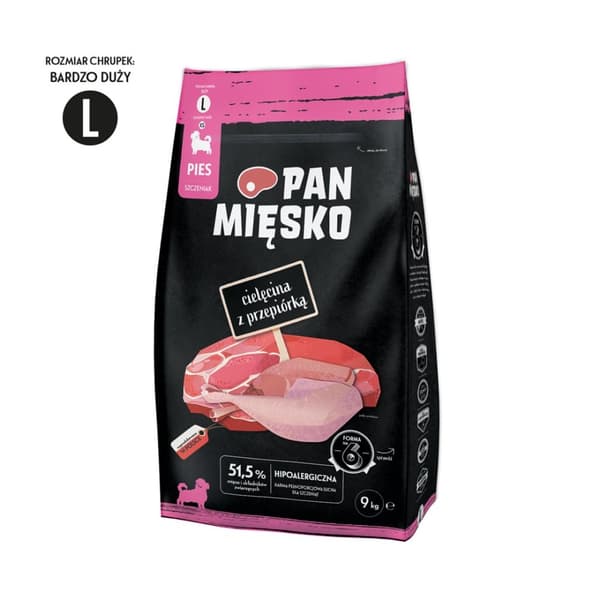 PAN MIĘSKO Kalvkött med vaktel L - torrfoder för valpar - 9 kg