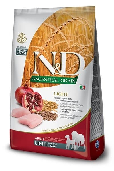 FARMINA N&D ANCESTRAL GRAIN DOG LIGHT - KYLLING, SPELT, HAVRE OG GRANATÆBLE ADULT MEDIUM & MAXI 12 kg