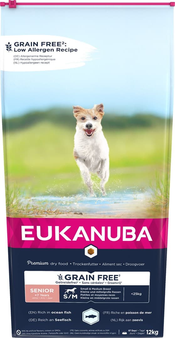 EUKANUBA Viljaton Senior pienille/keskikokoisille roduille, merikala - kuiva koiranruoka - 12 kg