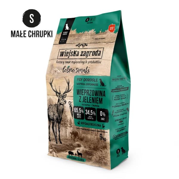 WIEJSKA ZOGRODA Forest Flavors Porsaanliha ja peuranliha Crunchy S - koiran kuivaruoka - 9 kg