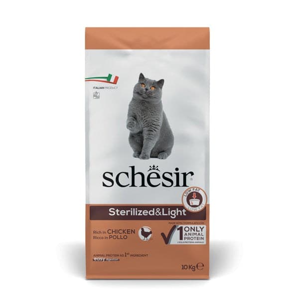 SCHESIR Adult Sterilized & Light Rich in kyckling - torrfoder för katter - 10 kg