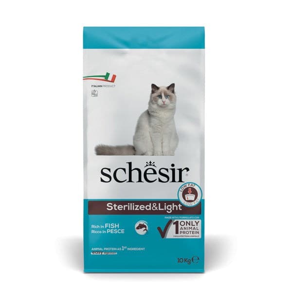 SCHESIR Adult Sterilized & Light Rik på fisk - torrfoder för katter - 10 kg