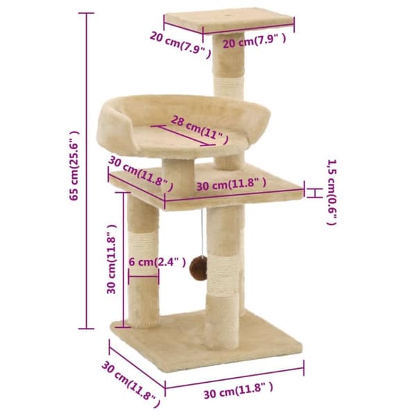 vidaXL Kattetre med klorestolper i sisal 65 cm beige
