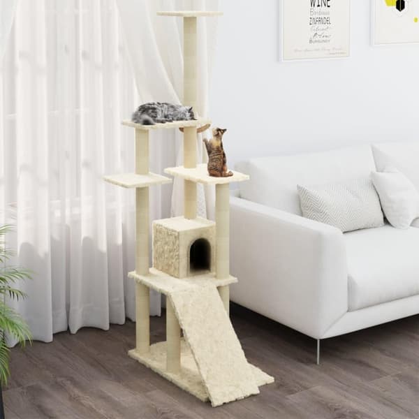 vidaXL Kattetre med klorestolper i sisal kremhvit 155 cm