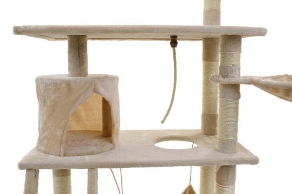 Kradsetræ & legehus - katte - beige - 140 cm høj - med hængekøje