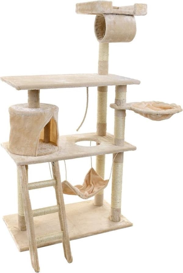 Kradsetræ & legehus - katte - beige - 140 cm høj - med hængekøje