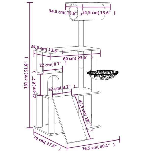 vidaXL Kissan kiipeilypuu sisal- raapimispylväillä tummanharmaa 131 cm