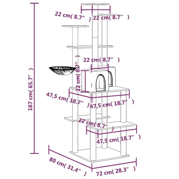 vidaXL Kissan kiipeilypuu sisal- raapimispylväillä tummanharmaa 167 cm