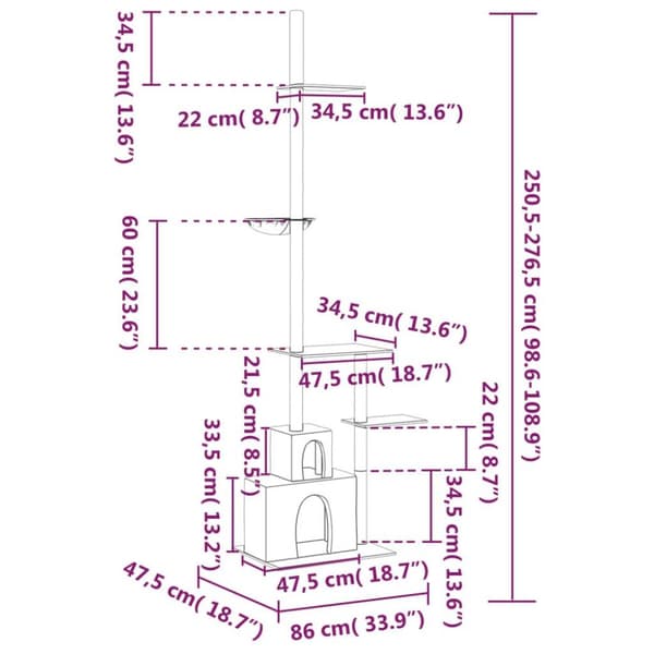 vidaXL Kloretre gulv til tak lysegrå 250,5-276,5 cm