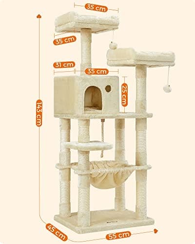 Feandrea kattträd, stabilt katttorn, 2 plysch abborre, 143 cm, beige