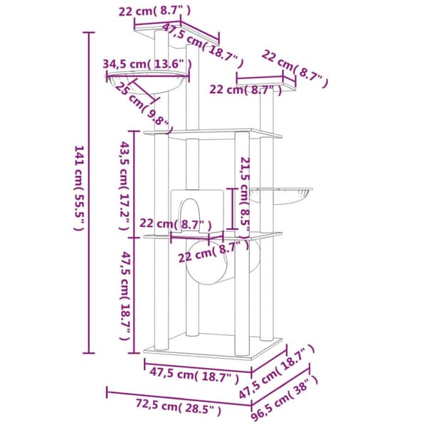 vidaXL Kattetre med klorestolper i sisal lysegrå 141 cm