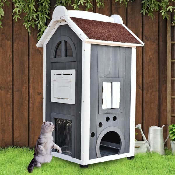 Rootz Cat House - Grå, Hvid - Fyrtræ, Asfalt - 23,22 cm x 21,65 cm x 42,91 cm