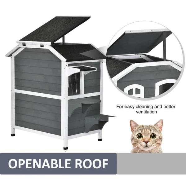 Rootz Cat House - Cat Hut - 2-story Cat Mansion - Waterproof Cat House - Asphalt Roof - Fir Wood - Grey - 78 x 55.5 x 91 cm