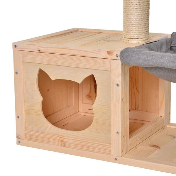 Rootz Kattehus - Kattehus med hængekøje - Kattehule - Kattetræ - Katteaktivitetscenter - Grantræ - Naturlig - 70 x 35 x 60 cm