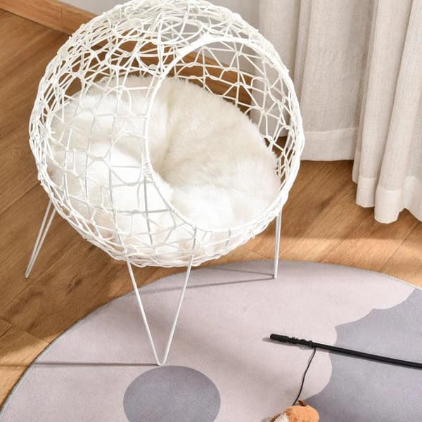 Rootz Rattan Cat Basket - Cat Cave - Cat Hut - Kattsäng med kudde - Upphöjd design - Husdjurssäng - Krämvit - Ø45 x 57H cm