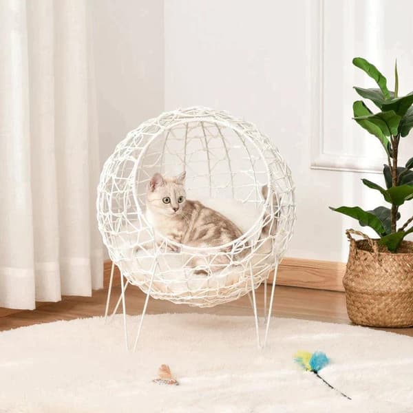 Rootz Rattan Cat Basket - Cat Cave - Cat Hut - Kattsäng med kudde - Upphöjd design - Husdjurssäng - Krämvit - Ø45 x 57H cm
