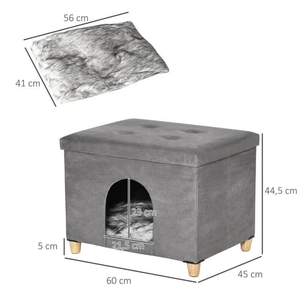 Rootz Cat Cave - Kattehus - Kattekurv - 2-i-1 Kattehule - Med pude - Træben - Grå - 60 x 45 x 44,5 cm