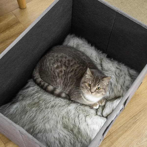 Rootz Cat Cave - Kattehus - Kattekurv - 2-i-1 Kattehule - Med pude - Træben - Grå - 60 x 45 x 44,5 cm